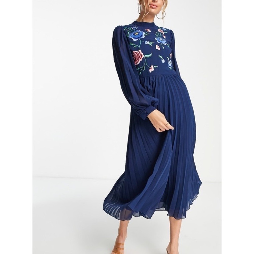 ASOS High Neck Pleated Long Sleeve Maxi Dress Embroidered Navy Sz 6 W/ Scarf